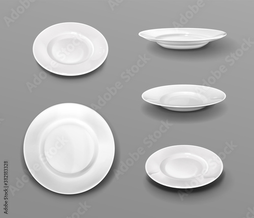 White plates, realistic 3d ceramic dishes top and side view collection. Empty bowls for food, tableware cutlery, dinner porcelain mockup vector illustration, icons set isolated on grey background