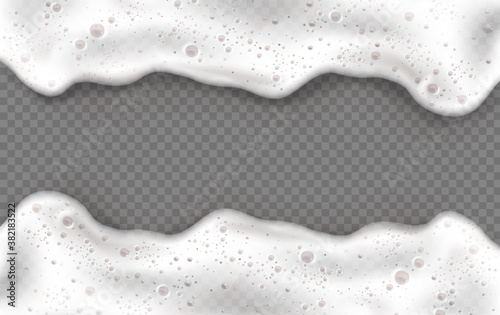 Foam frame, white beer or soap froth horizontal border with bubbles texture, foamy sea or ocean wave, laundry cleaning detergent spume isolated on transparent background, realistic 3d vector mockup