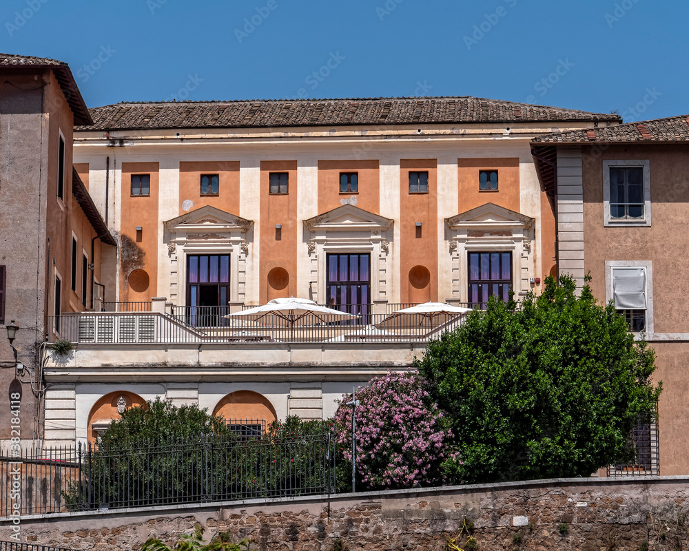 classical buiding facade of Rome municipality on Capitolino hill, view from the roman forum