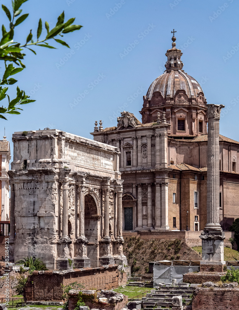 Rome Italy, the arch of Septimus Severus and Luca & Martina church