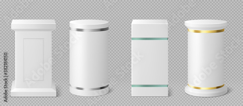 White pedestals or podiums with gold, glass and silver decor. Abstract empty museum stages, exhibit displays. Gallery platform, round and square blank product stands or pillars Realistic 3d vector set