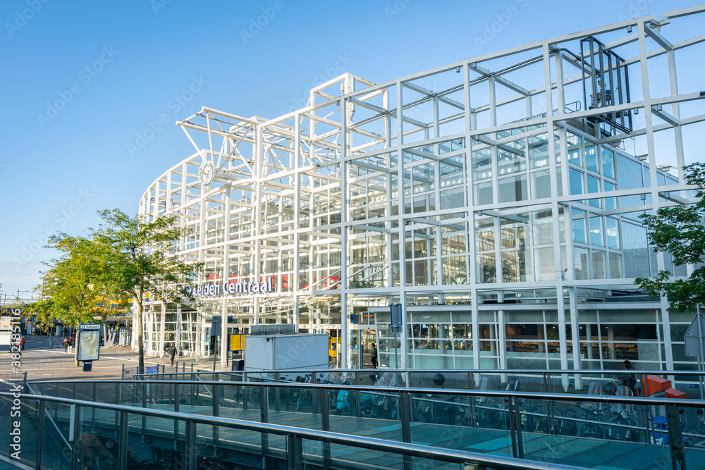 Front view of central train station of the city of Leiden, the Netherlands