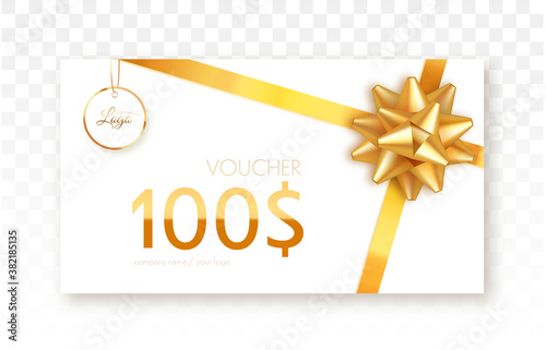 Gift voucher template isolated. Vector gift card with gold ribbon and bow.