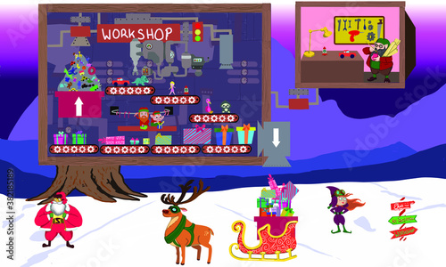 a hand drawn vector image ideal for Christmas. This pack contains a toy factory and a toy maker. Included in this pack is also a younger Santa with other characters - release your imagination 