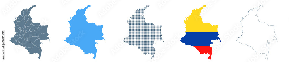 Colombia Map Set - Vector Solid, Contour, Regions, Flag, Pixels