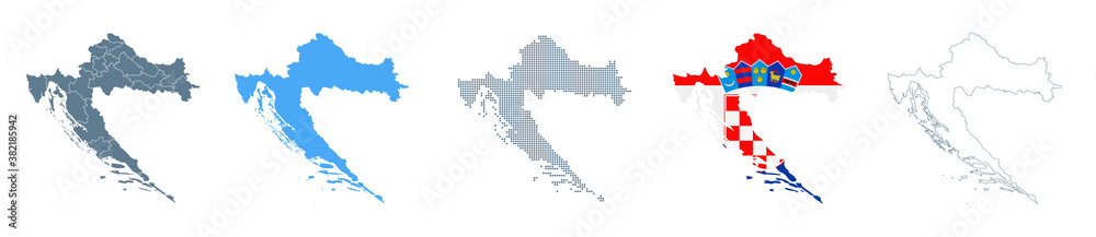 Croatia Map Set - Vector Solid, Contour, Regions, Flag, Pixels