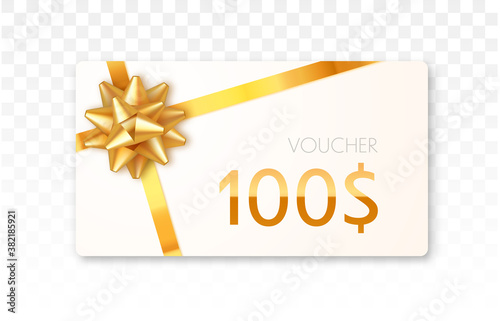 Gift voucher template isolated. Vector gift card with gold ribbon and bow.
