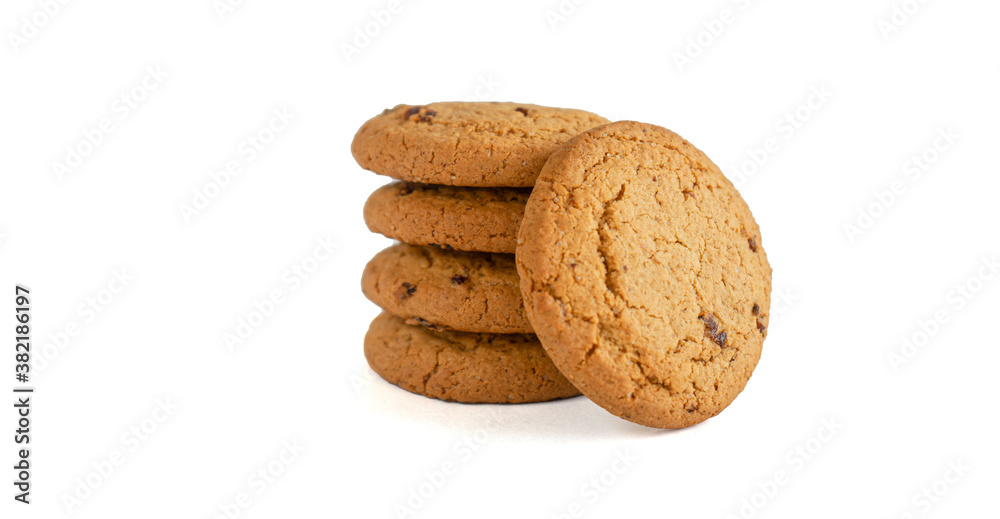 Crunchy oatmeal cookies isolated on a white background. Selective focus. Festival Of Homemade Cookies. Copy of the space Crunchy oatmeal cookies isolated on a white background. Selective focus. Festival Of Homemade Cookies. Copy of the space