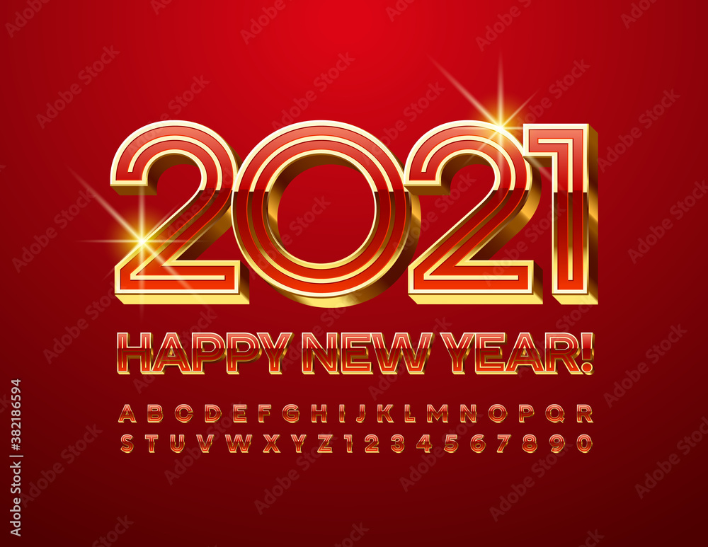 Vector Luxurious Greeting Card Happy New Year 2021! Red and Golden 3D Font. Royal Alphabet Letters and Numbers. Vector Luxurious Greeting Card Happy New Year 2021! Red and Golden 3D Font. Royal Alphabet Letters and Numbers.