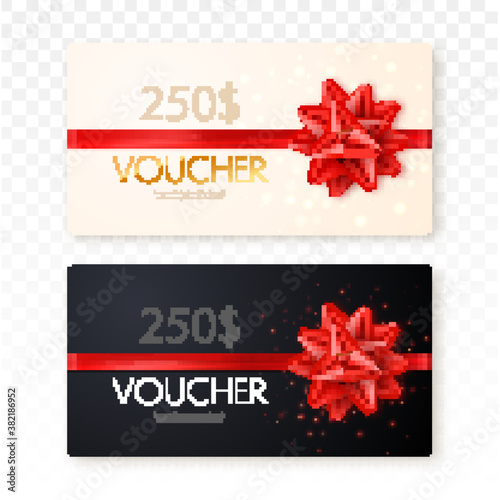 Gift voucher with red ribbon and bow. Discount gift cards template. Vector illustration