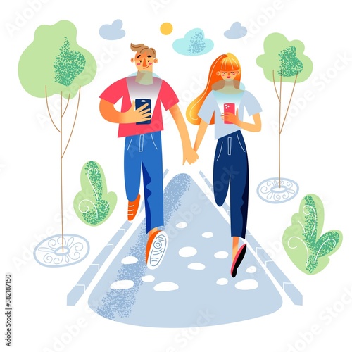 Couple walking in park using phones. People dating cartoon vector illustration. Young cute man and woman on romantic walk together holding hands. Gadget addiction concept