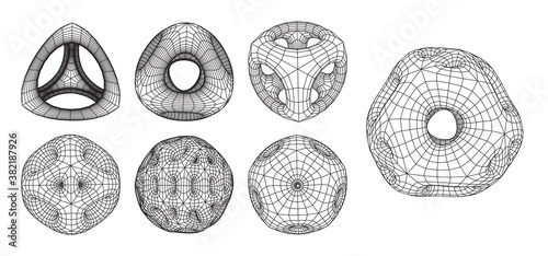 Set of abstract 3d wireframe shapes or elements with smooth corners and holes. Scientific and geometric abstraction with deformed plationic forms