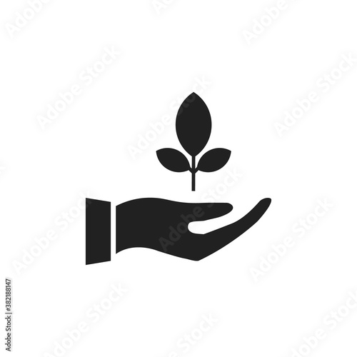 Hand holding leaf icon. Brunch tree and human arm black outline. Vector illustration isolated on white. Ecology symbol. Nature protection concept. © Віталій Баріда