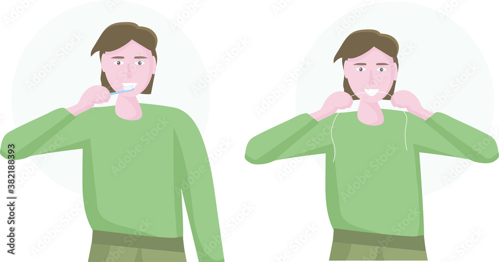 A man brushes his teeth daily with a toothbrush and flosses. Oral hygiene every day. It is important to brush your teeth properly and on time.  Vector illustration flat design