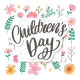 happy children's day, cute vector greeting card with funny letters in scandinavian style and cartoon landscape