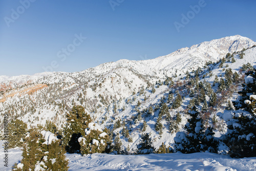 Winter mountain landscape from the cable car of the Beldersay ski resort in Uzbekistan photo