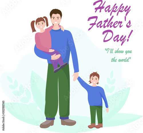 Portrait of a happy family. Father with two children, son and daughter. Celebrating Father's Day. People smile. Notion of love, family values and raising children.  Vector flat design