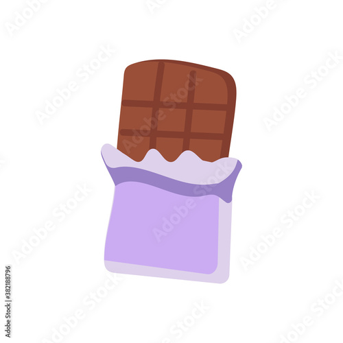 A purple-wrapped chocolate bar that is half open in a flat style. Halloween sweetness design element from the Halloween collection for the holiday. Bar of dark chocolate half opened isolated on white