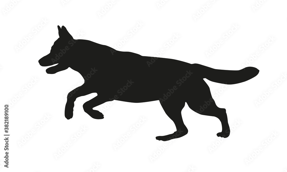 Black dog silhouette. Running german shepherd dog. Isolated on a white background.