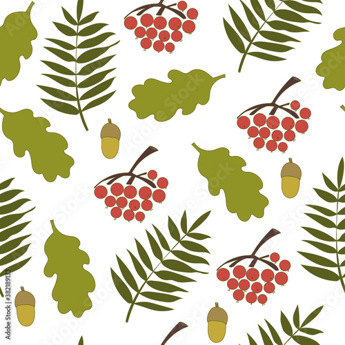 Seamless pattern. Autumn theme, oak and rowan leaves, bunches of berries and acorns. Simple cartoon flat style. For paper, cover, fabric, gift wrapping, wall art, interior decoration