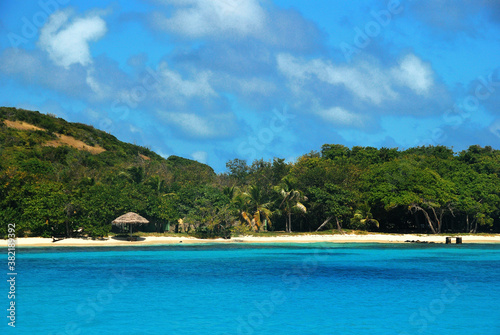 malownicza karaibska wysepka Petit Saint Vincent w lutym. Widok od strony morza. Bia  y piasek  b    kitna woda du  o zieleni