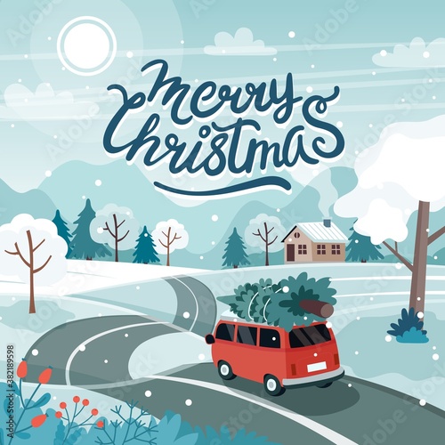 Car with christmas tree on the road. Cute winter landscape. Vector illustration in flat style