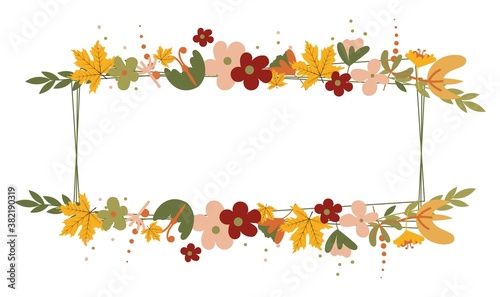 Autumn frame with autumn leaves and floral elements in fall colors.