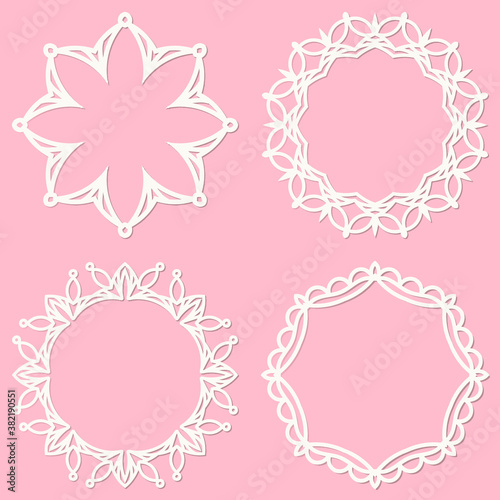 Set of 4 round frame with swirls  vintage frame. White frame with lace for paper or wood cutting. Doily ornament. Round decor pattern. Ornamental Frame with Curly Border decoration. Vector.