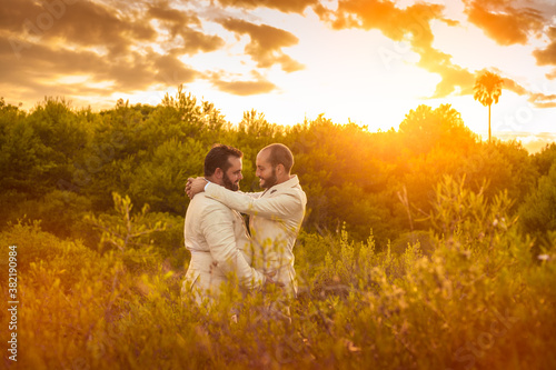 gay couple hugging at sunset