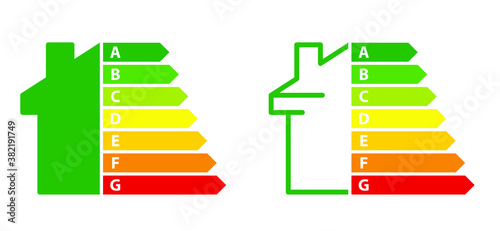 Energy efficiency scale or meter. Energy efficient house, the concept of energy efficiency of housing. Chart of house rating. Flat vectorclimate signs.