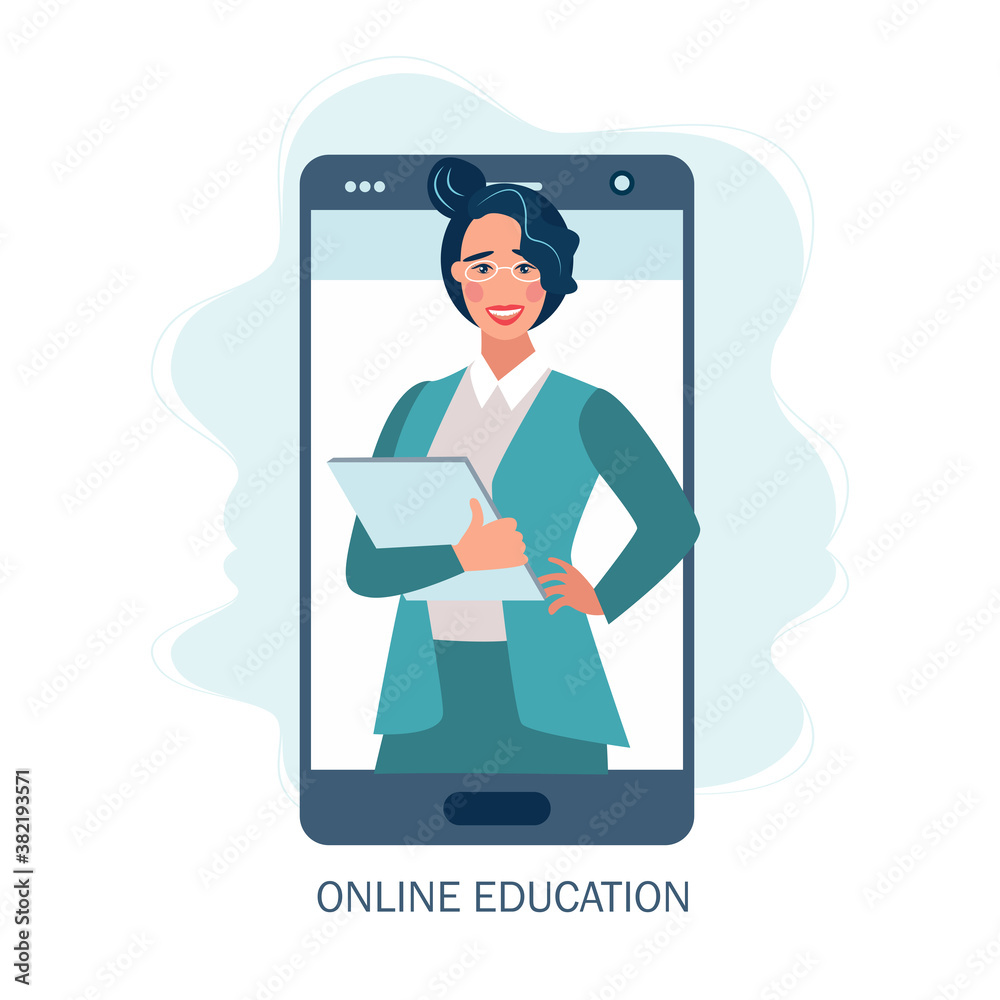 online education or distance exam concept, screen with teacher, studying on laptop. Vector illustration in flat style

