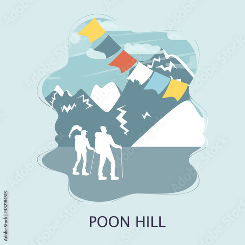 Poon hill Ghorepani point, hill station to see the Annapurna massive, Design for postcards, t-shirts, banners, greeting card, event, flyer. Annapurna circuit, mountaineering, trekking vector illustrat