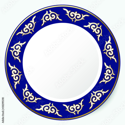 Circle frame, workpiece for your design. Ornamental elements and motifs of Kazakh, Kyrgyz, Uzbek, national Asian decor for plate, textile and print design. Round frame. Vector. 