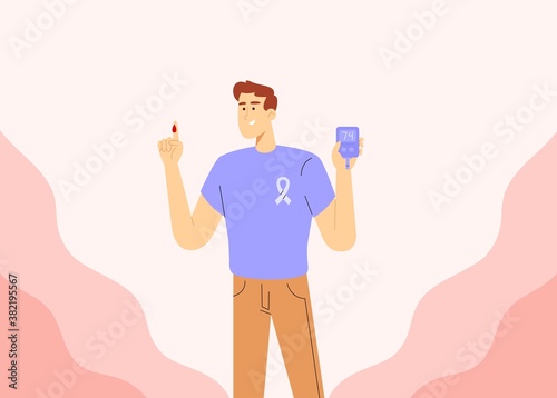 World diabetes day banner or landing page. Male character checking blood sugar level using a blood glucose meter.