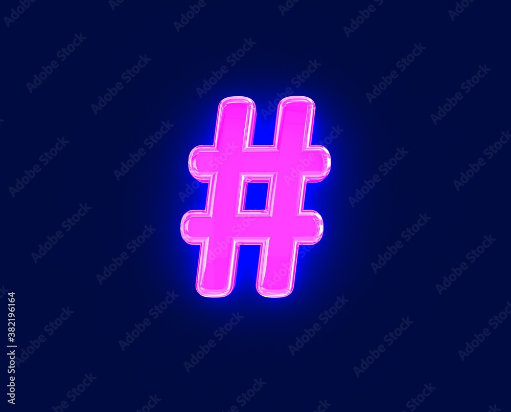 Obraz premium shiny neon light glow glass made alphabet - number sign isolated on dark, 3D illustration of symbols