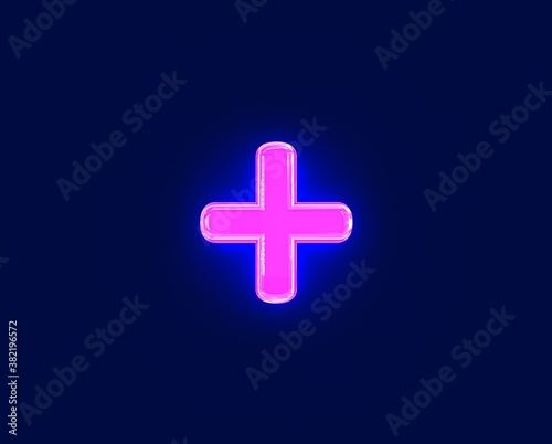 polished neon light glow glass made alphabet - plus isolated on dark, 3D illustration of symbols