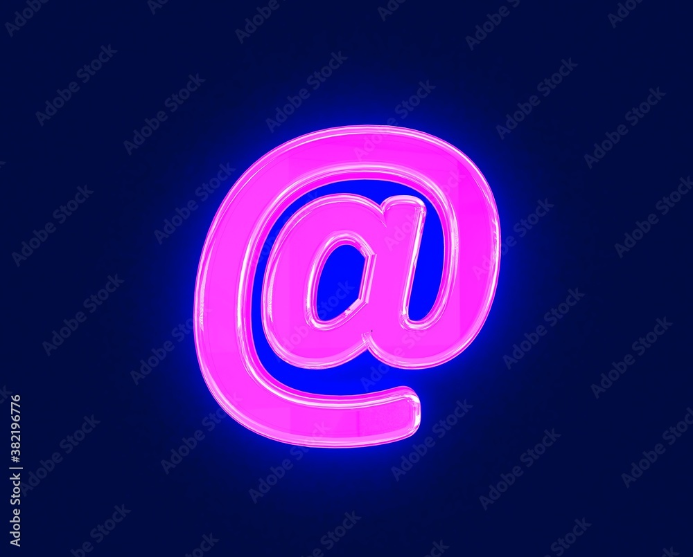 shine neon light glow glass made font - at sign isolated on dark background, 3D illustration of symbols