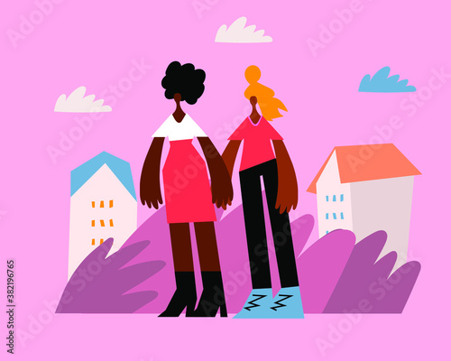 Happy lesbian family, gay couple walking in park. Two woman holding hands each other. Couple in love. Wife and wife together. Flat cartoon vector illustration