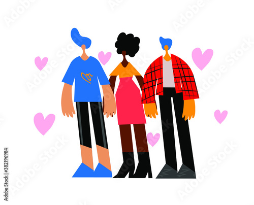 Polyamorous polygamous family. Two men and one woman hugging each other. Nonmonogamous relationship concept. LGBTQ pride. Vector flat illustration.