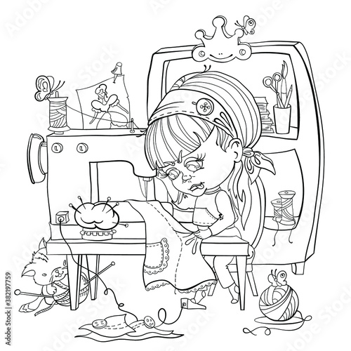 Painting for coloring in cartoon comic style, little girl sitting and sewing on a sewing machine, funny kitten playing with a ball of thread