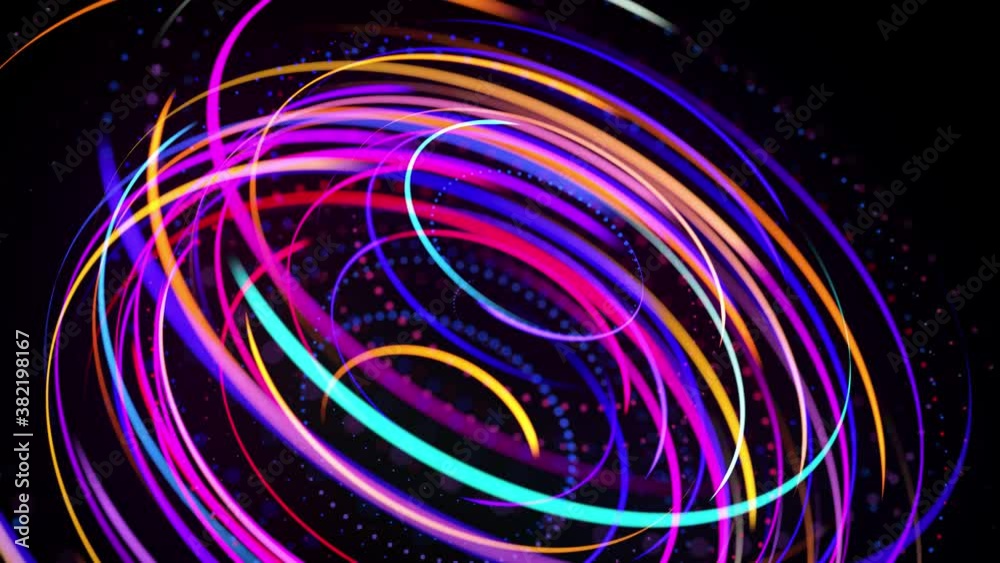 Light flow form ring structure. Light effect as abstract looped background with light trails, stream of multicolor neon lines in space form rings. Modern trendy motion design background. Light flow form ring structure. Light effect as abstract looped background with light trails, stream of multicolor neon lines in space form rings. Modern trendy motion design background.