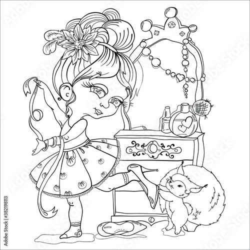A picture for coloring from a black empty outline, a little girl in a fluffy elegant dress looks in the mirror. The girl tries on large high-heeled shoes. Funny squirrel playing with a child