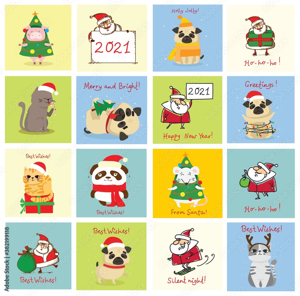 Vector illustration of christmas cats, pigs, rats and dogs with Christmas and new year greetings.