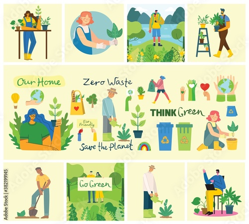Set of eco save environment pictures. People taking care of planet collage. Zero waste, think green, save the planet, our home hand written text in the flat design © virinaflora