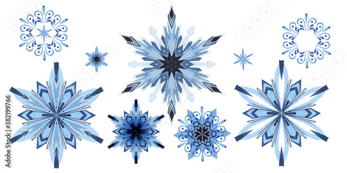 Watercolor collection of nine ornate beautiful snowflakes isolated on white background. Transparent ice patterns with unique peculiarities. Hand drawn illustration of ice elegance