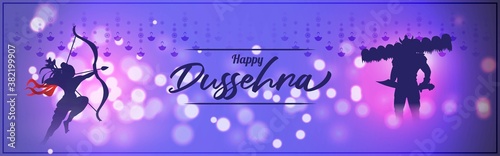Vector illustration of Happy Dussehra greeting, Indian festival, Lord Rama holding bow and arrow in hands killing Ravana, fireworks, danglers, beautiful bokeh background.