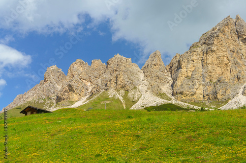 Mountain landscape along the road to Gardena pass, Dolomites