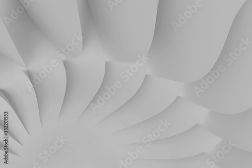 Modern abstract parametric three-dimensional background of a set of wavy white three-dimensional petals converging in a cent. 3D illustration