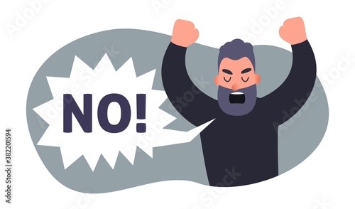 Angry man screaming NO. Carton people protest concept. Vector disagree person. Negative emotion