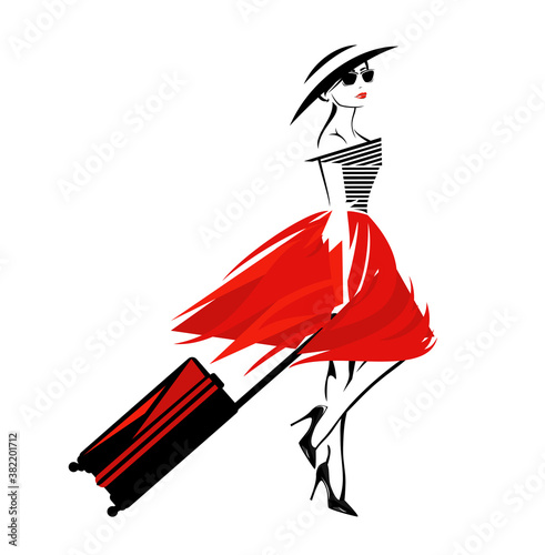 vector portrait of elegant young woman wearing high heels, hat and sunglasses with luggage ready for her vacation